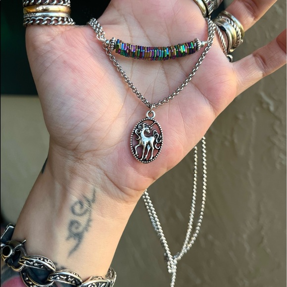 Double layer unicorn rainbow stones stainless steel adjustable choker necklace - Picture 6 of 14